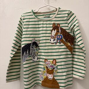 Mini Boden Green Striped Long Sleeve Shirt with Horse Appliqué Patch  5-6yrs